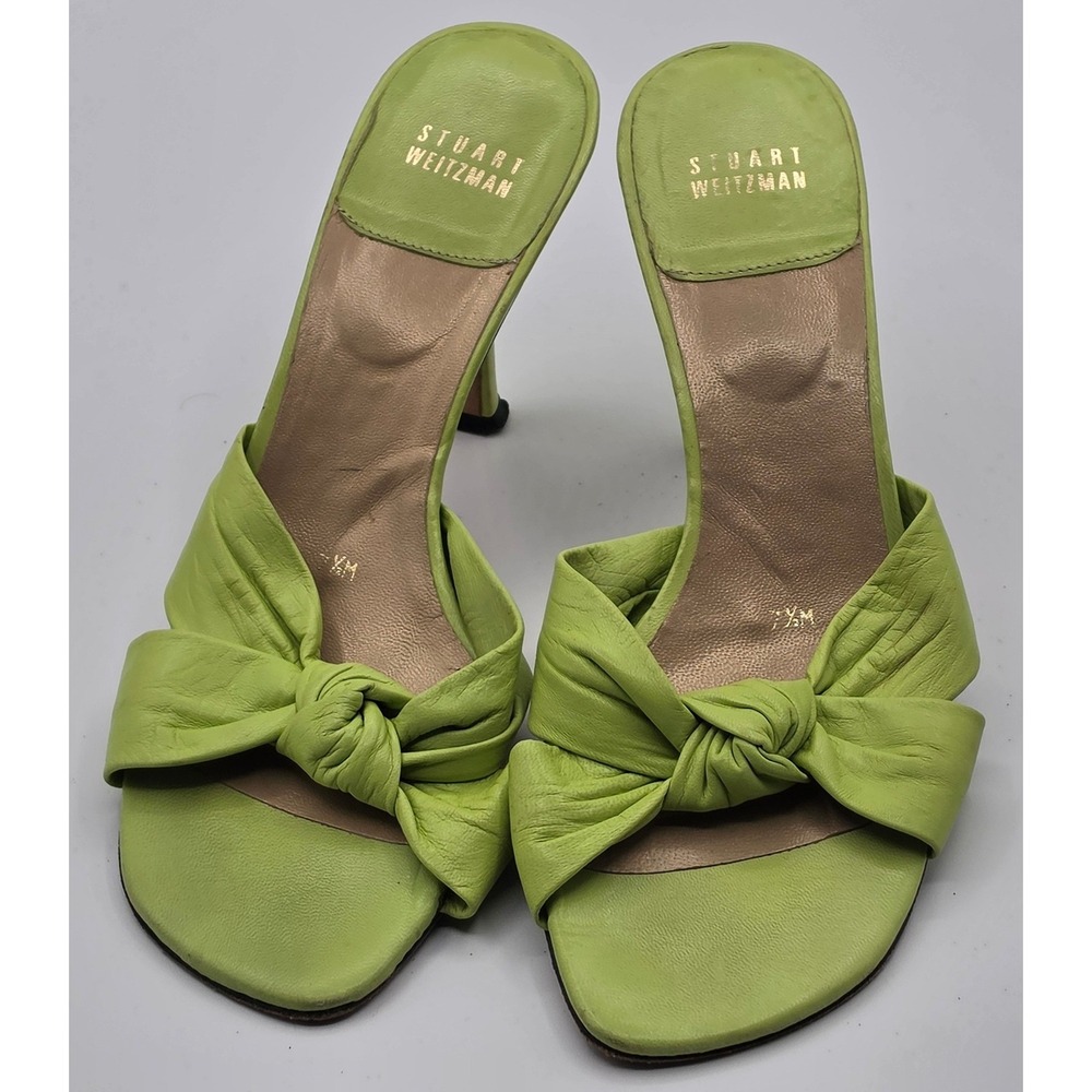 Stuart Weitzman Sandals Womens 7.5 Green Good Leather Knot Kitten Heel Slides